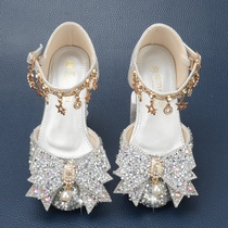 女童银色公主鞋包头蝴蝶结小女孩水晶鞋水钻软底礼服裙儿童高跟鞋
