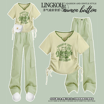 短袖女t恤夏装小个子时尚新款抽绳辣妹上衣搭配绿色工装裤两件套