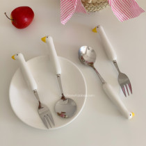 ins可爱卡通小勺子叉子套装便携家用少女儿童吃饭高颜值陶瓷餐具