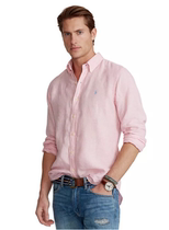 美国代购RL男装Polo经典长袖亚麻衬衫包邮商务休闲新粉色深蓝白