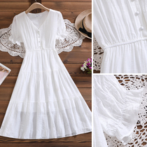 2021夏季新款法式桔梗V领收腰显瘦中长款白色仙女气质短袖连衣裙