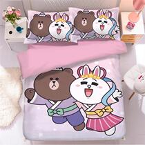 卡通可爱布朗熊印图儿童床上用品四件套1.2米床笠款学生床单3件套