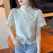 蕾丝旗袍上衣女夏季设计感小众复古盘扣短袖衬衫时髦高端气质小衫