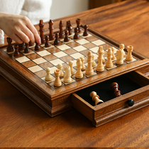 国际象棋木质磁性套装抽屉款高档胡桃木实木沙比利棋盒chess收藏