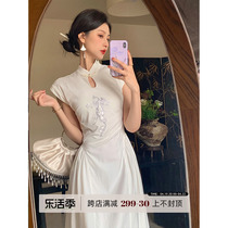 剩饭cellcho新中式刺绣白色连衣裙女夏季收腰显瘦长裙改良旗袍