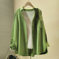 绿色衬衫女宽松外搭2023春夏季新款韩版休闲百搭防晒长袖外套上衣