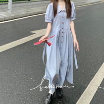 【BM6.15新品】夏季显白蓝设计感红扣翻领短袖长裙减龄显瘦连衣裙
