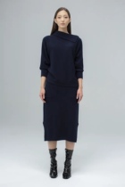 蒙古国新款TOP-DONJ100%山羊绒衣裙套装藏蓝色修身性感气质高雅