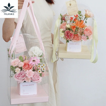 母亲节方形透明PVC手提盒折叠花盒鲜花包装盒520花艺插花盒手提袋