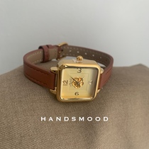 handsmood 《美拉德山茶》方形棕色复古气质优雅真皮女士石英手表