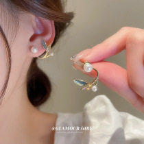 韩国ins银针珍珠锆石树叶耳环时尚气质耳钉小众设计感轻奢耳饰女