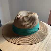 巴拿马平沿草帽夏天出游防晒沙滩帽子女英伦时尚绿色百搭草编帽