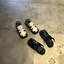 凉鞋女2023年夏季新款韩版时尚真皮镂空包头后空搭扣中跟罗马鞋