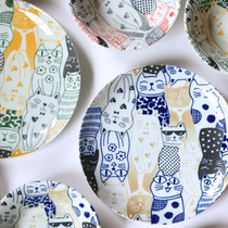 日本进口美浓烧轻量陶瓷器都市小猫咪釉下彩可爱餐盘小钵碗菜碟