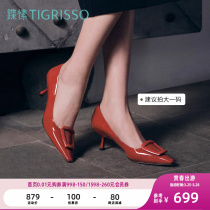 【红唇】蹀愫单鞋方扣中跟尖头红色小猫跟高跟鞋TA43587-11