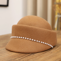 秋冬季新款时尚百搭圆顶珍珠马术帽出街潮流羊毛帽子女士黑毛呢帽