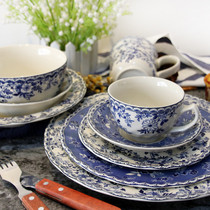 复古釉下彩盘子中西式陶瓷餐具套装复古青花蓝大碗盘碟杯勺子家用