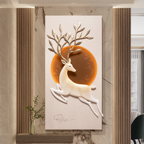 新中式高档正对门灯光玄关画入户客厅走廊浮雕简约创意福鹿装饰画