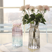 北欧玻璃花瓶透明 竖棱 创意 客厅插花鲜花玫瑰百合花器装饰摆件