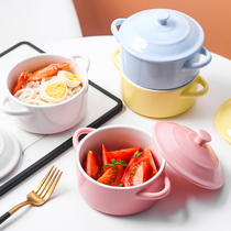 创意纯色陶瓷蒸鸡蛋羹碗双耳带盖耐高温 炖盅水蒸蛋碗辅食碗烤碗