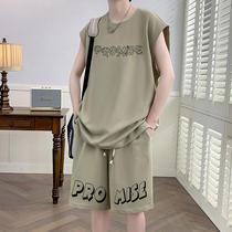 休闲运动套装男夏季薄款冰丝凉感短袖t恤男短裤美式篮球服两件套T