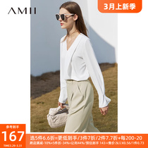 Amii2023秋季新款V领<em>白色雪纺衫女</em>收褶喇叭袖衬衫设计感小众上衣
