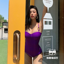 假面猫 紫色泳衣女2024新款连体吊带小胸聚拢温泉度假网红比基尼