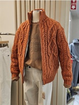 韩国男装代购高档立体麻花纹重工可翻立领设计师毛衣外套针织开衫
