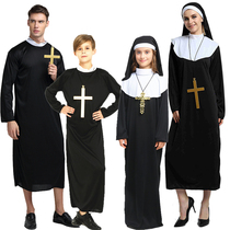万圣节修女服装大人cosplay男牧师服神父演出服亲子服装道具