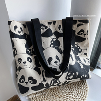 原创设计熊猫大容量单肩帆布包包女学生通勤手提书包袋2024新款