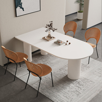 法式奶油风岩板餐桌家用椭圆形轻奢现代简约靠墙半圆形白色饭桌