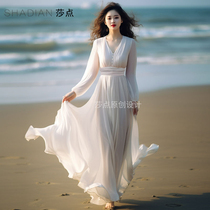夏季新款白色雪纺长袖收腰显瘦气质连衣裙过膝长款海边度假沙滩裙