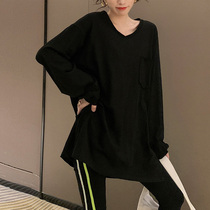 韩国版型设计纯棉宽松显瘦长款春秋纯色简约百搭外穿v领长袖T恤女