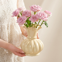 美式芬顿奶油中古陶瓷花瓶客厅ins风水养插花鲜花干花装饰品摆件