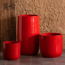 景德镇大红色陶瓷花盆喜庆个性创意中国红装饰摆件大口径绿植花盆