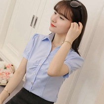 短袖半袖V韩版衬衣天蓝色白衬衫雪纺女装职业装夏女ol正装领大码