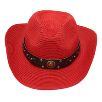 男女红色草帽旅游摄影田园西部牛仔帽遮阳帽爵士帽弯沿海边沙滩帽
