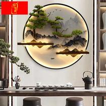 新中式入户玄关铁艺装饰画客厅沙发背景墙面挂件迎客松壁饰带灯