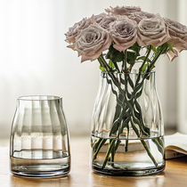 高级感轻奢花瓶玻璃摆件客厅水培玫瑰餐桌插花透明水养鲜花宽口小