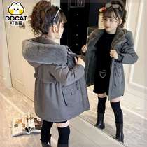 女童加绒加厚派克服韩版中长款棉外套小女孩保暖风衣洋气2023冬季