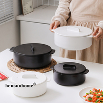 hensunhome家用陶瓷汤锅带盖不能明火北欧泡面碗大容量耐高温汤盆