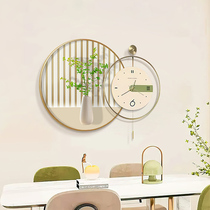 奶油风餐厅装饰画带钟表餐桌背景墙挂画绿植挂钟组合壁画小清新
