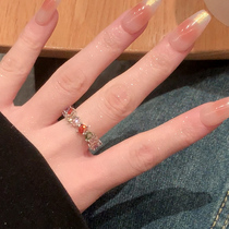 梦幻彩虹色锆石戒指女小众设计满钻素圈戒指女时尚个性尾戒食指环