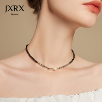 JXRX轻奢小众黑色水晶项链女颈链锁骨链天然珍珠单坠吊坠脖子配饰