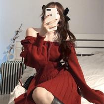 学生韩风Chic洋气圣诞战裙红色收腰显瘦修身方领A字针织连衣裙女