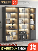 书柜带玻璃门展示柜现代轻奢定制家用客厅一体整墙到顶书架满墙柜