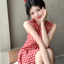 韩系学院风红色格子背心连衣裙女2024夏季小个子甜美减龄收腰短裙