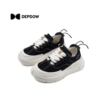 DEPDOW「小尾巴」黑白拼接缝线刺绣粗鞋带 超轻休闲厚底帆布鞋
