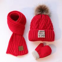 三件套秋冬儿童加绒毛线帽男女童围巾手套婴儿加厚保暖红色针织帽