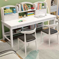 实木书桌家用双人学生并排写字桌书架一体儿童学习桌卧室床边桌子